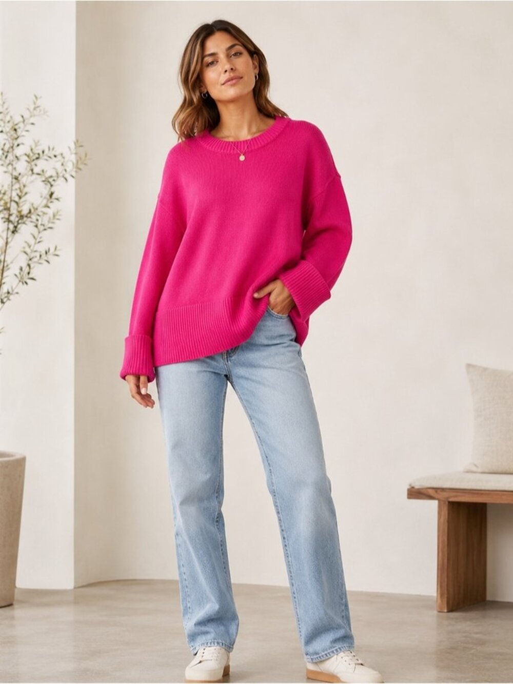 GAP Oversized Cotton Crew Neck Sweater - Hot Pink size L
